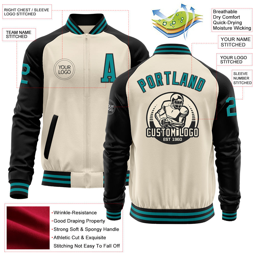 Custom Cream Teal-Black Bomber Varsity Letterman Two Tone Zipper Jacket view 4