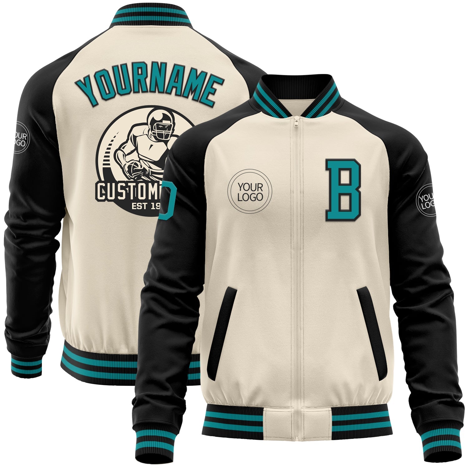 Custom Cream Teal-Black Bomber Varsity Letterman Two Tone Zipper Jacket - Main View
