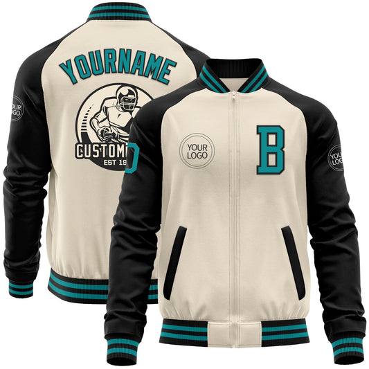 Custom Cream Teal-Black Bomber Varsity Letterman Two Tone Zipper Jacket - Main View