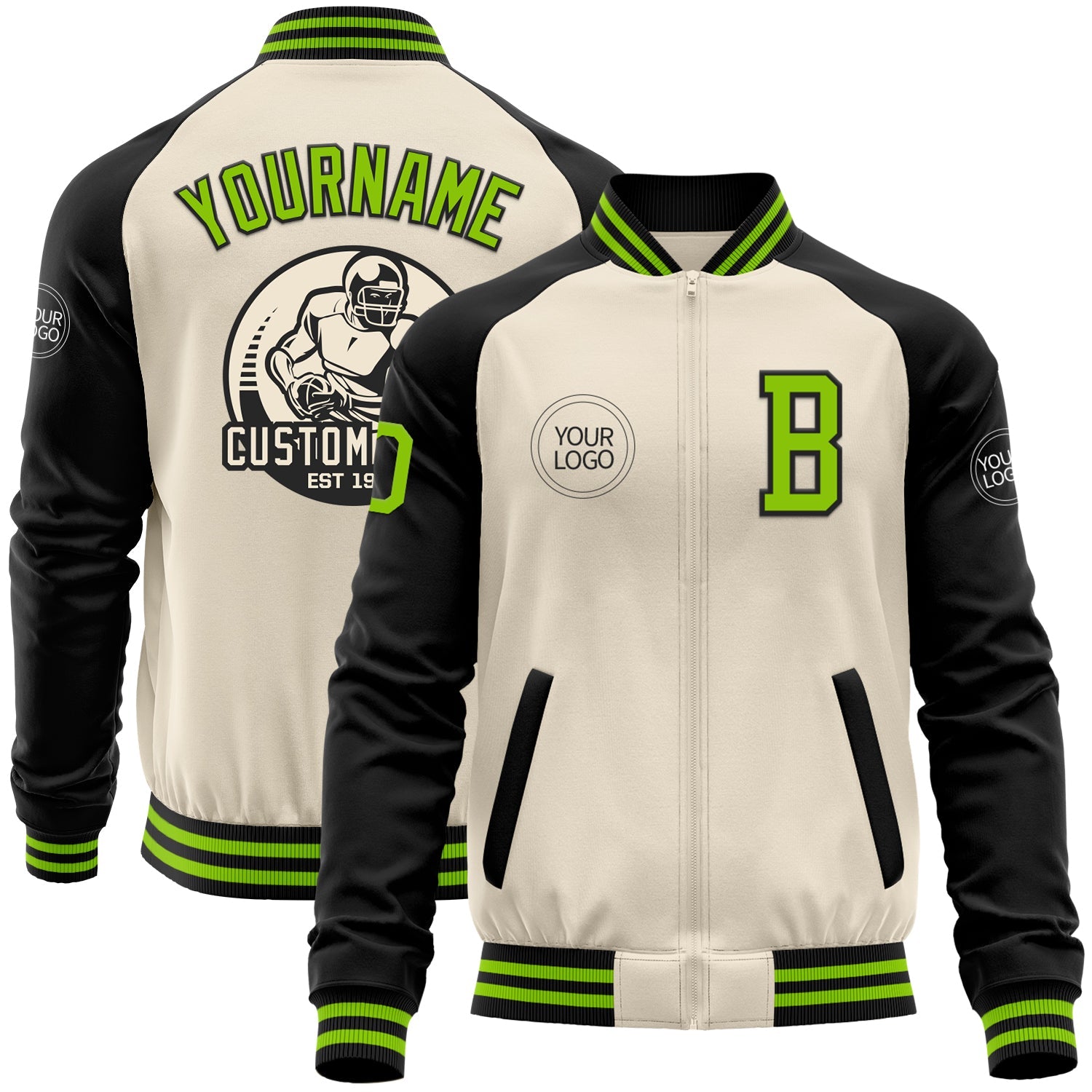 Custom Cream Neon Green-Black Bomber Varsity Letterman Two Tone Zipper Jacket - Main View