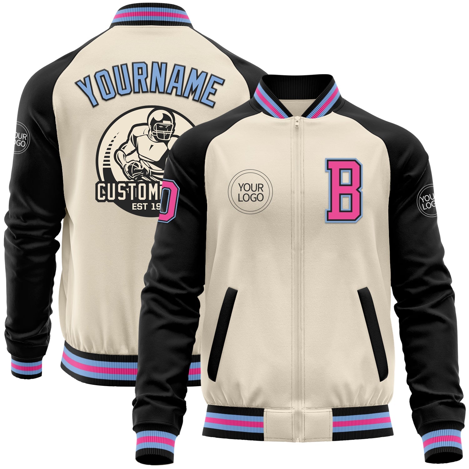 Custom Cream Pink Black-Light Blue Bomber Varsity Letterman Two Tone Zipper Jacket - Main View
