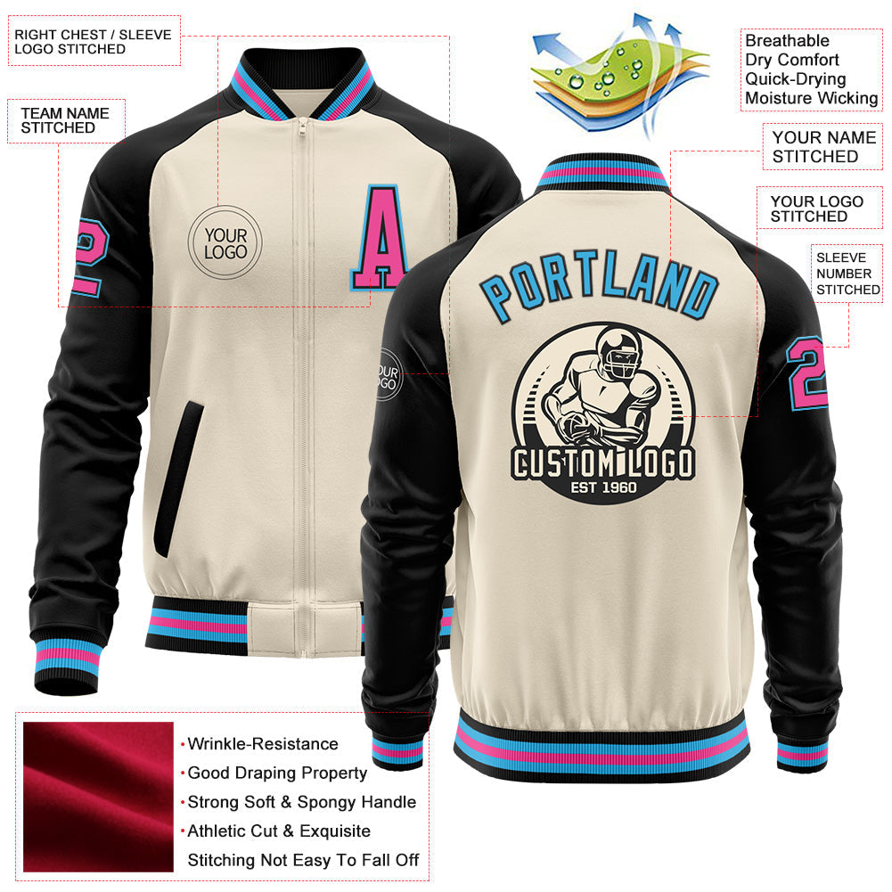 Custom Cream Pink Black-Sky Blue Bomber Varsity Letterman Two Tone Zipper Jacket view 4