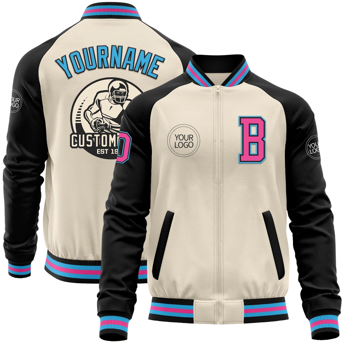 Custom Cream Pink Black-Sky Blue Bomber Varsity Letterman Two Tone Zipper Jacket - Main View