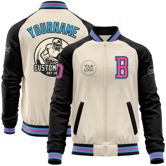 Custom Cream Pink Black-Sky Blue Bomber Varsity Letterman Two Tone Zipper Jacket - Main View