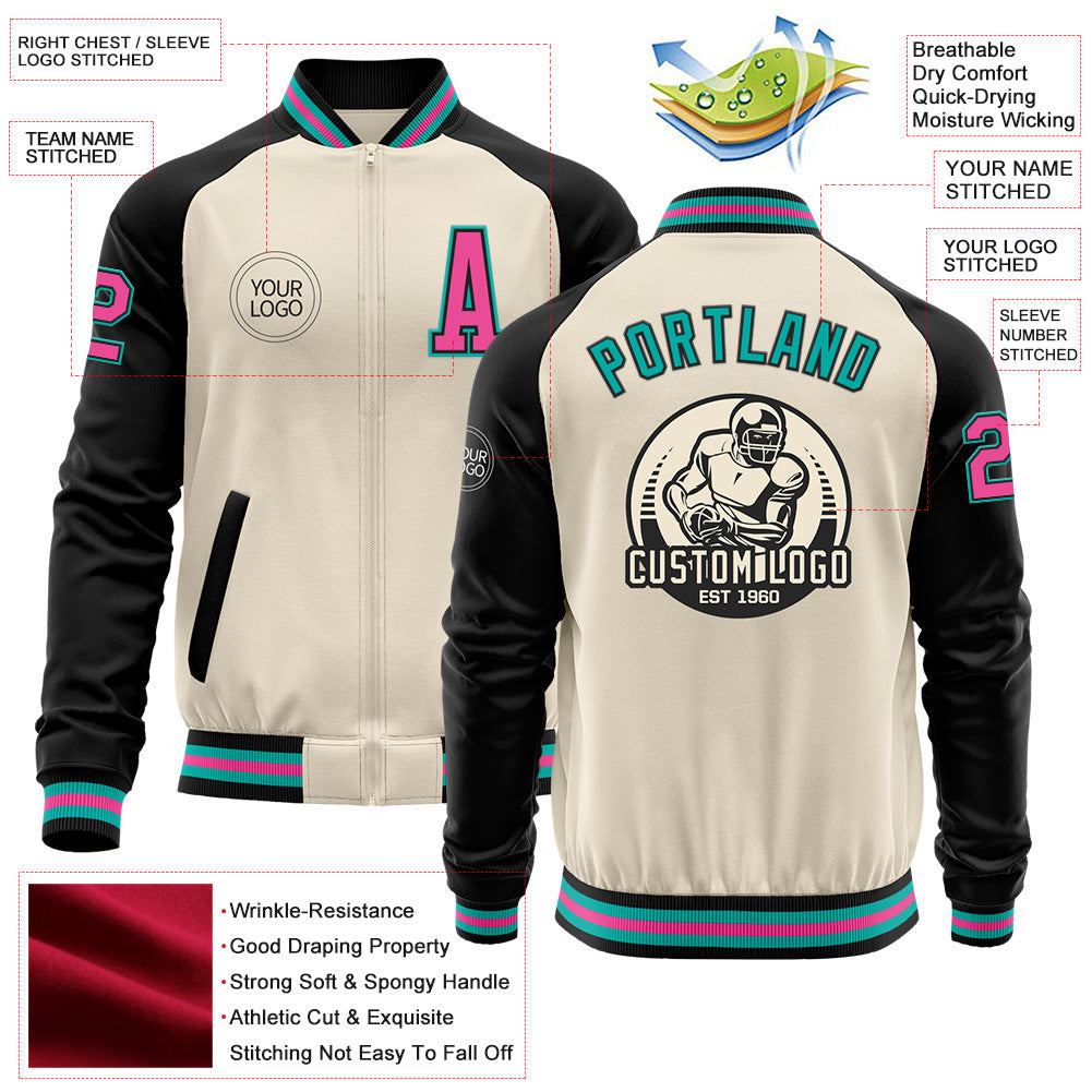 Custom Cream Pink Black-Aqua Bomber Varsity Letterman Two Tone Zipper Jacket view 4