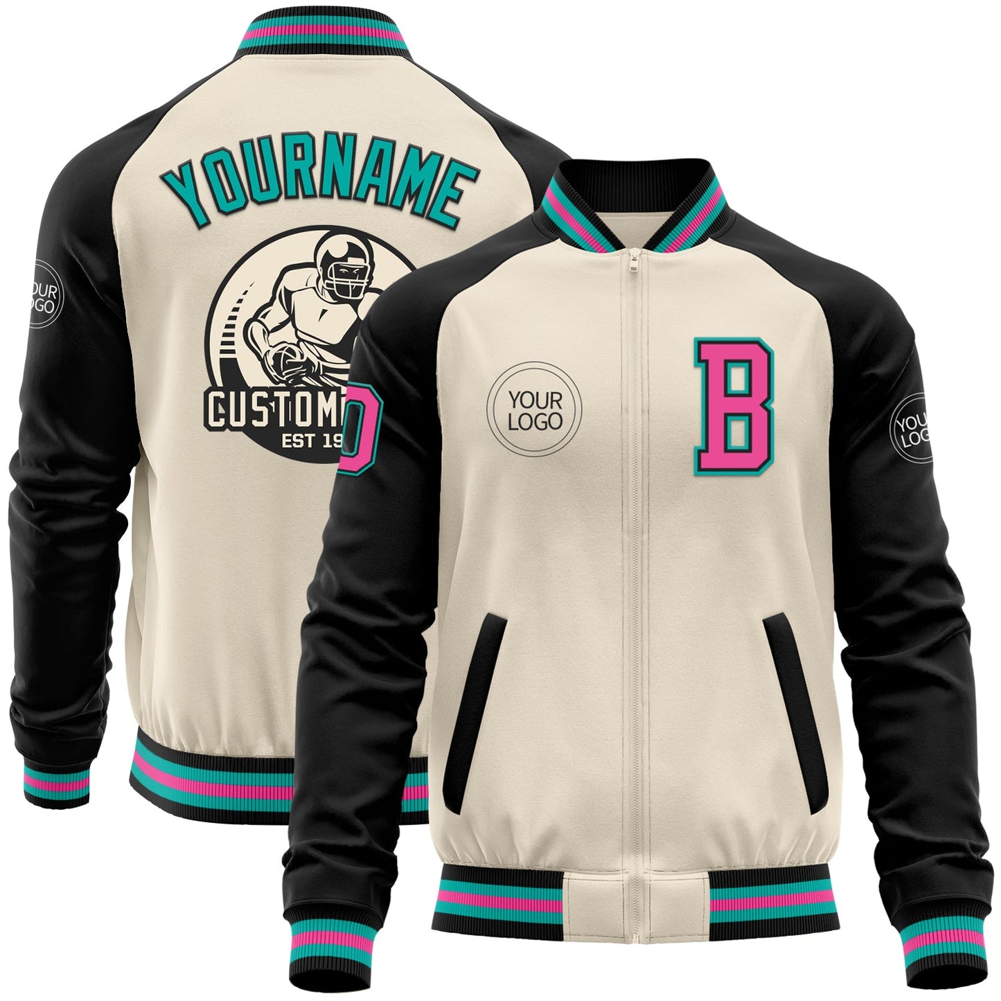 Custom Cream Pink Black-Aqua Bomber Varsity Letterman Two Tone Zipper Jacket - Main View