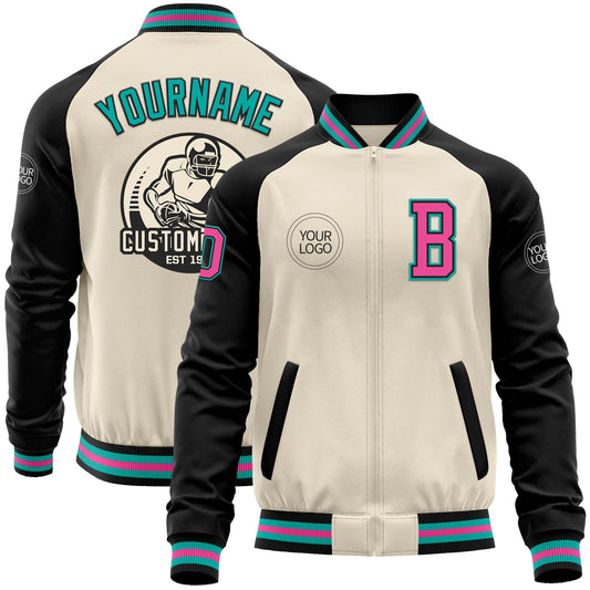 Custom Cream Pink Black-Aqua Bomber Varsity Letterman Two Tone Zipper Jacket - Main View
