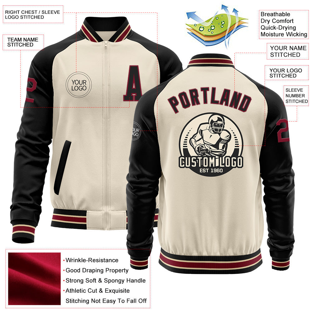Custom Cream Crimson Black-City Cream Bomber Varsity Letterman Two Tone Zipper Jacket view 4