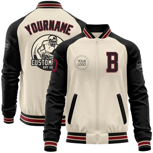 Custom Cream Crimson Black-City Cream Bomber Varsity Letterman Two Tone Zipper Jacket - Main View