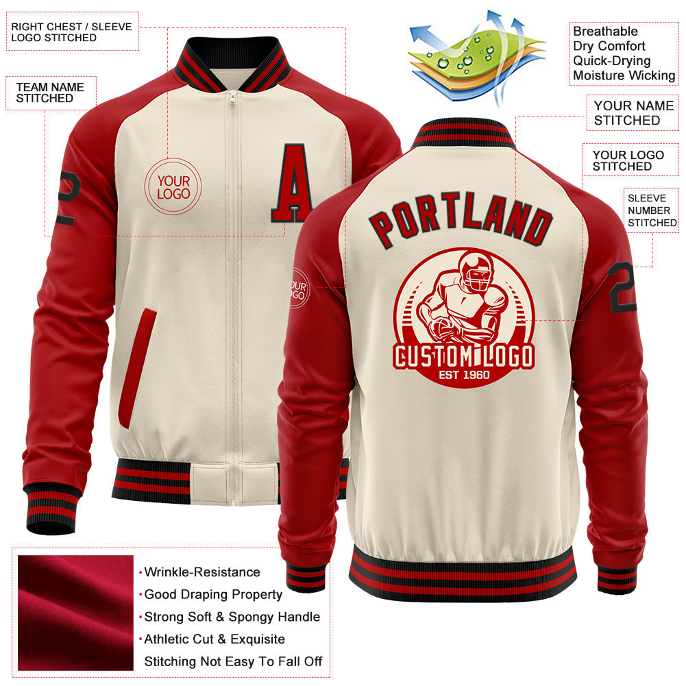 Custom Cream Black-Red Bomber Varsity Letterman Two Tone Zipper Jacket view 4
