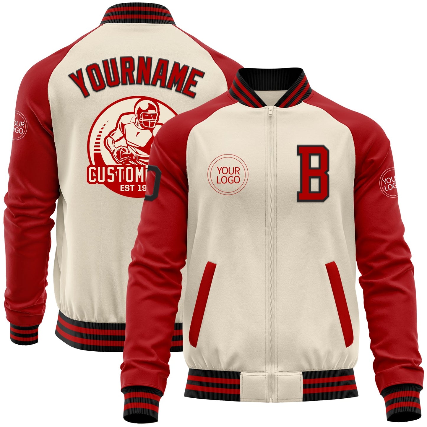 Custom Cream Black-Red Bomber Varsity Letterman Two Tone Zipper Jacket - Main View