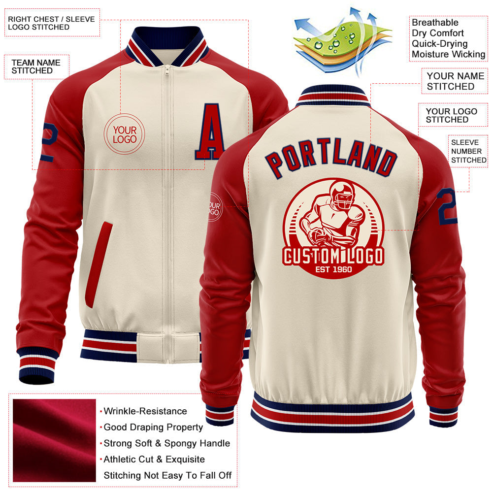 Custom Cream Navy Red-White Bomber Varsity Letterman Two Tone Zipper Jacket view 4