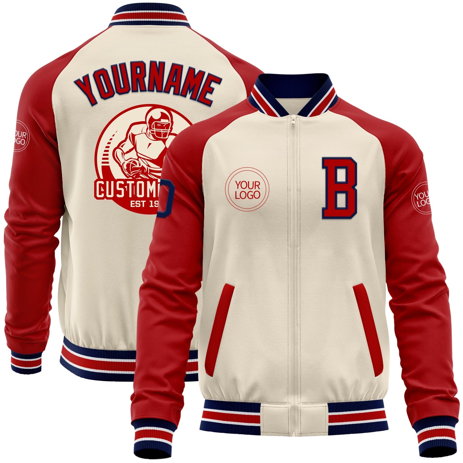 Custom Cream Navy Red-White Bomber Varsity Letterman Two Tone Zipper Jacket - Main View