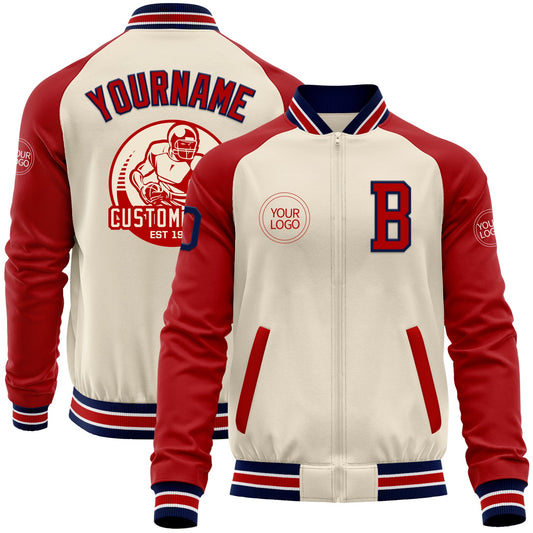 Custom Cream Navy Red-White Bomber Varsity Letterman Two Tone Zipper Jacket - Main View