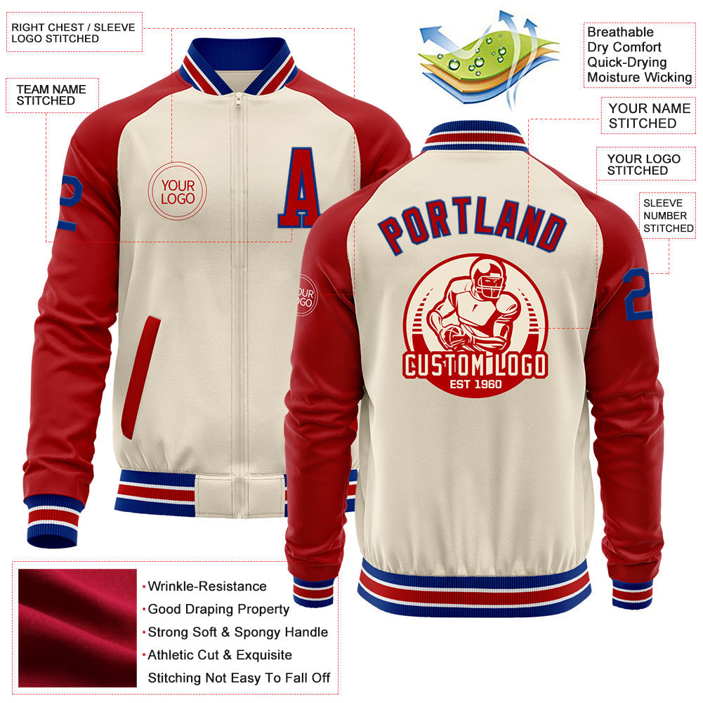 Custom Cream Royal Red-White Bomber Varsity Letterman Two Tone Zipper Jacket view 4