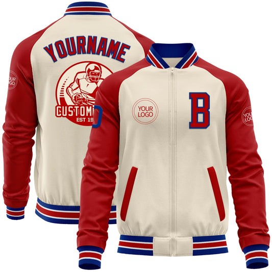 Custom Cream Royal Red-White Bomber Varsity Letterman Two Tone Zipper Jacket - Main View