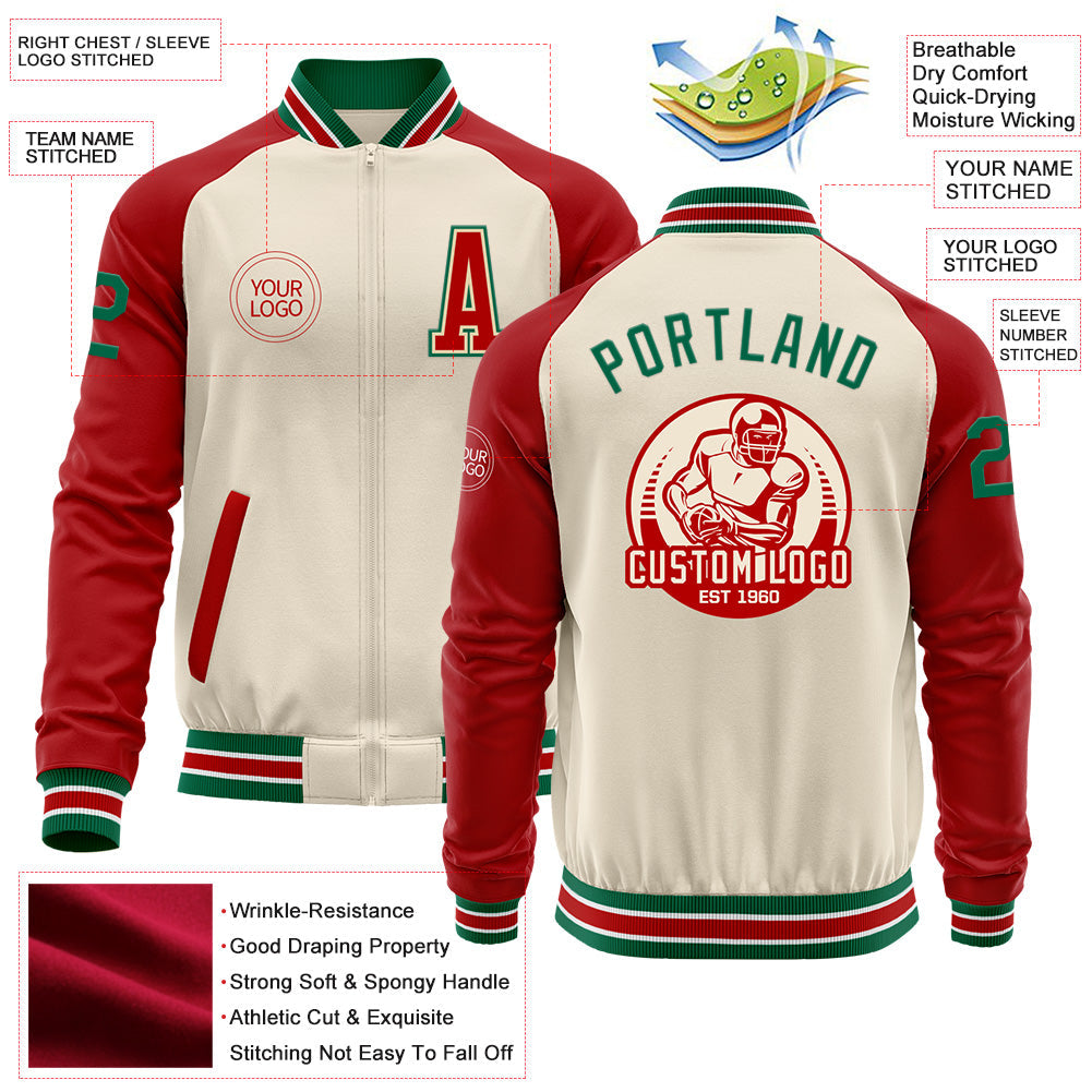 Custom Cream Kelly Green Red-White Bomber Varsity Letterman Two Tone Zipper Jacket view 4