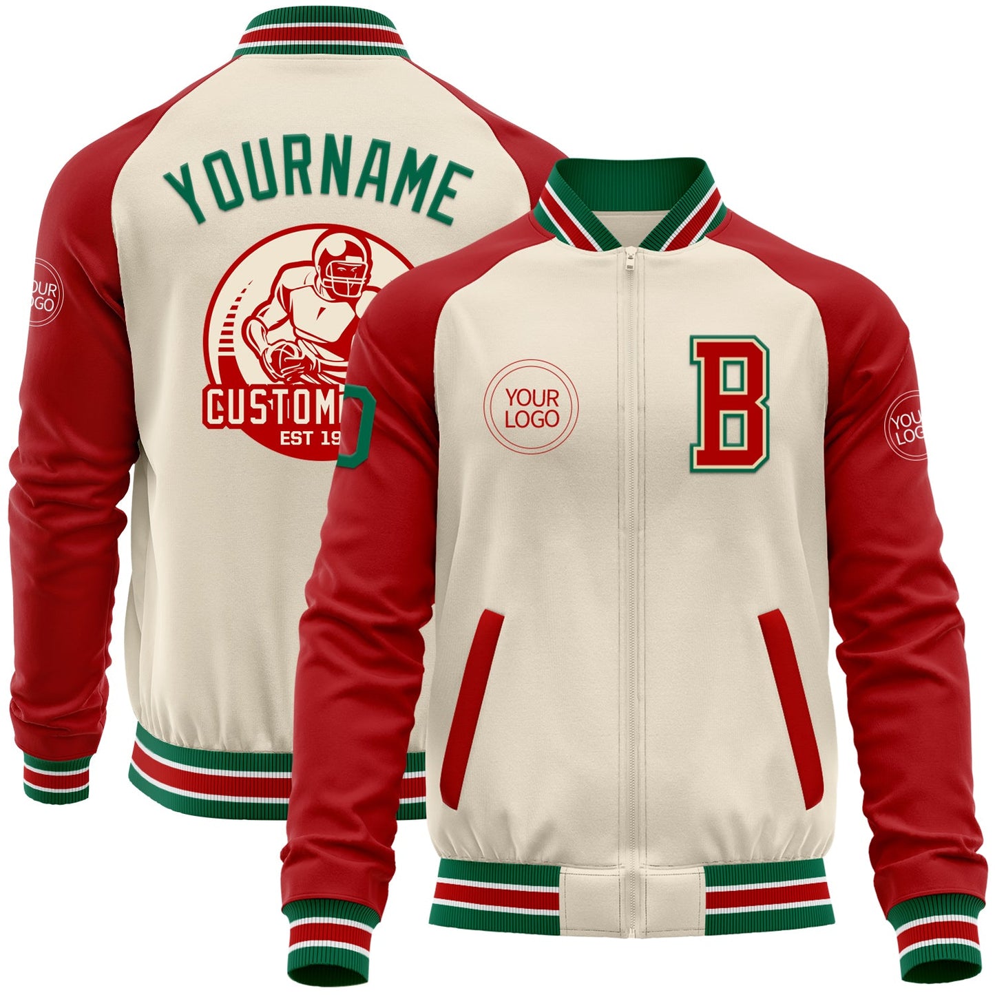 Custom Cream Kelly Green Red-White Bomber Varsity Letterman Two Tone Zipper Jacket - Main View