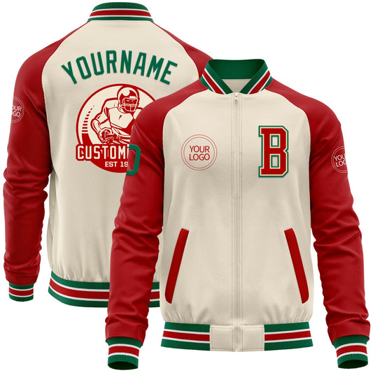 Custom Cream Kelly Green Red-White Bomber Varsity Letterman Two Tone Zipper Jacket - Main View