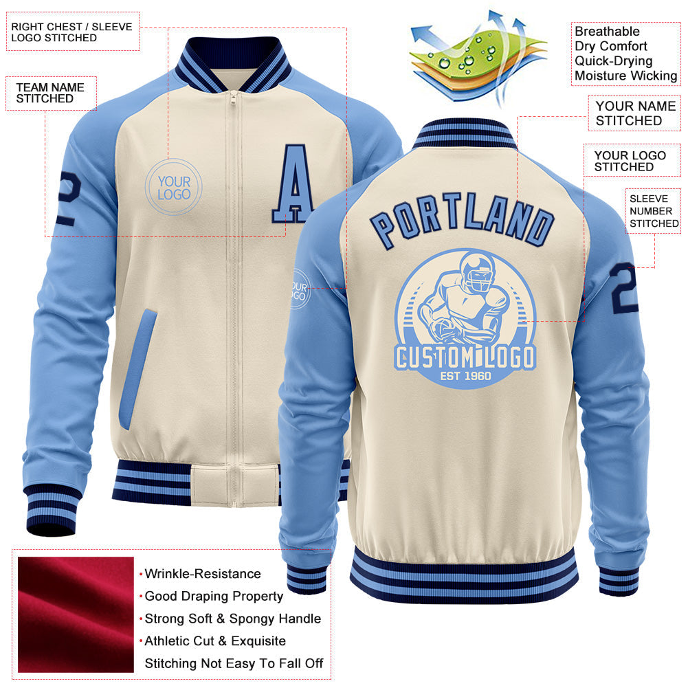 Custom Cream Navy-Light Blue Bomber Varsity Letterman Two Tone Zipper Jacket view 4