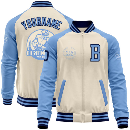 Custom Cream Navy-Light Blue Bomber Varsity Letterman Two Tone Zipper Jacket - Main View