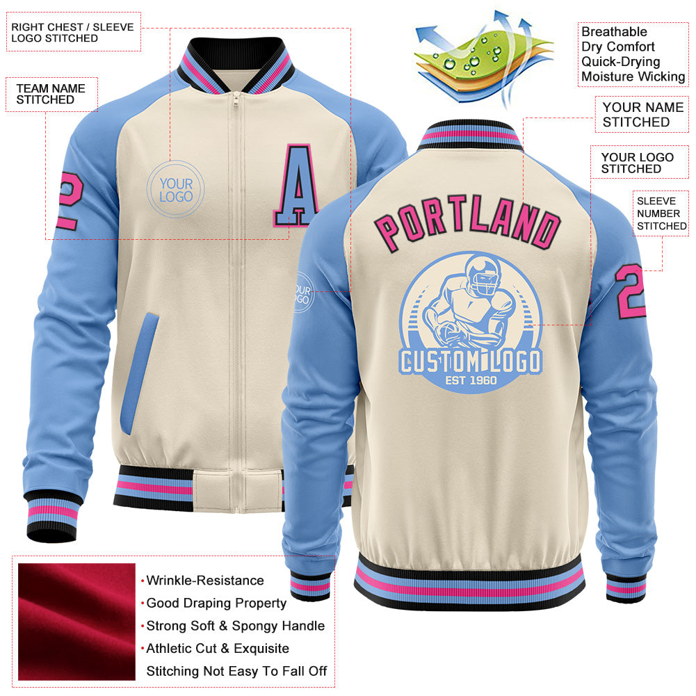 Custom Cream Pink Black-Light Blue Bomber Varsity Letterman Two Tone Zipper Jacket view 4