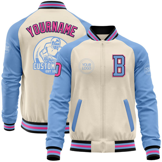 Custom Cream Pink Black-Light Blue Bomber Varsity Letterman Two Tone Zipper Jacket - Main View