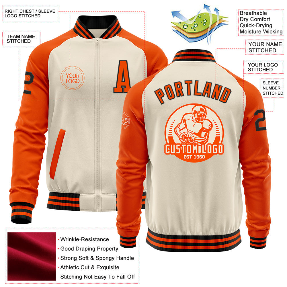 Custom Cream Black-Orange Bomber Varsity Letterman Two Tone Zipper Jacket view 4