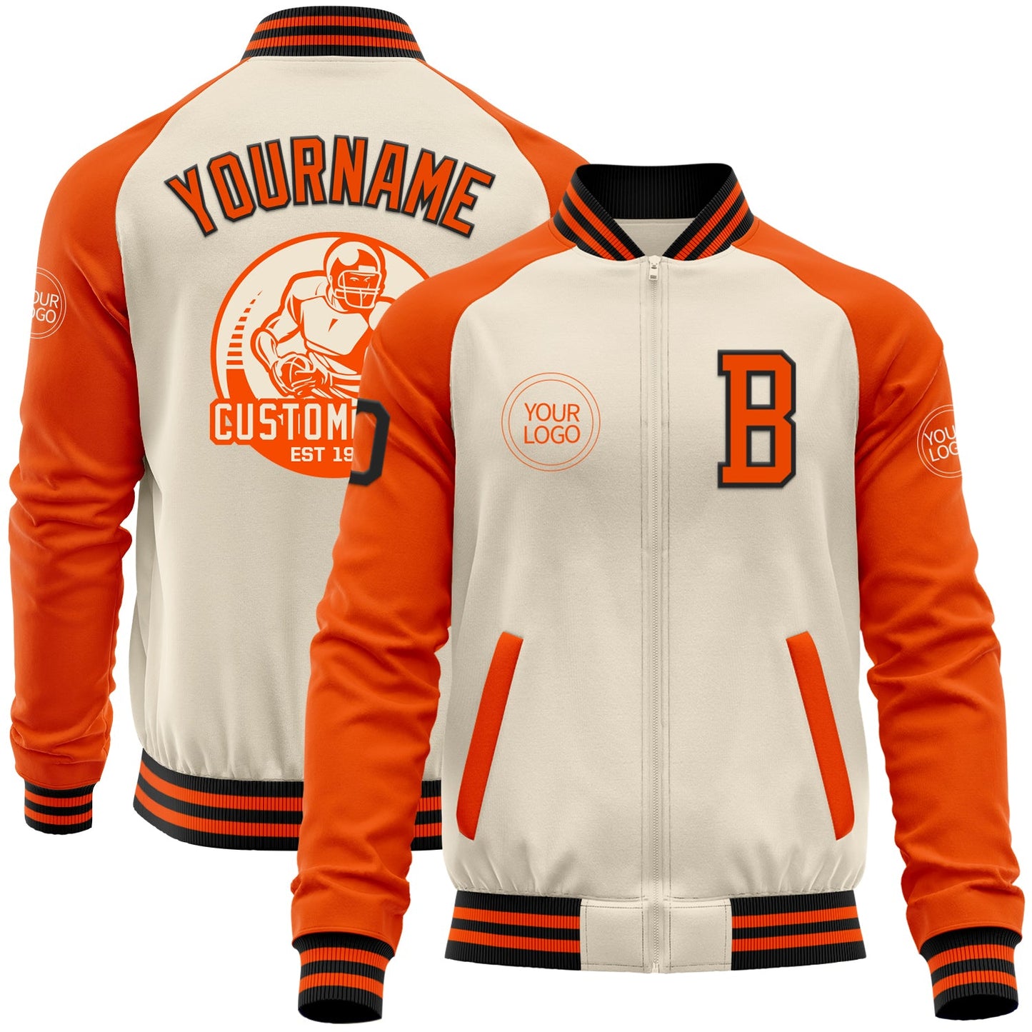 Custom Cream Black-Orange Bomber Varsity Letterman Two Tone Zipper Jacket - Main View