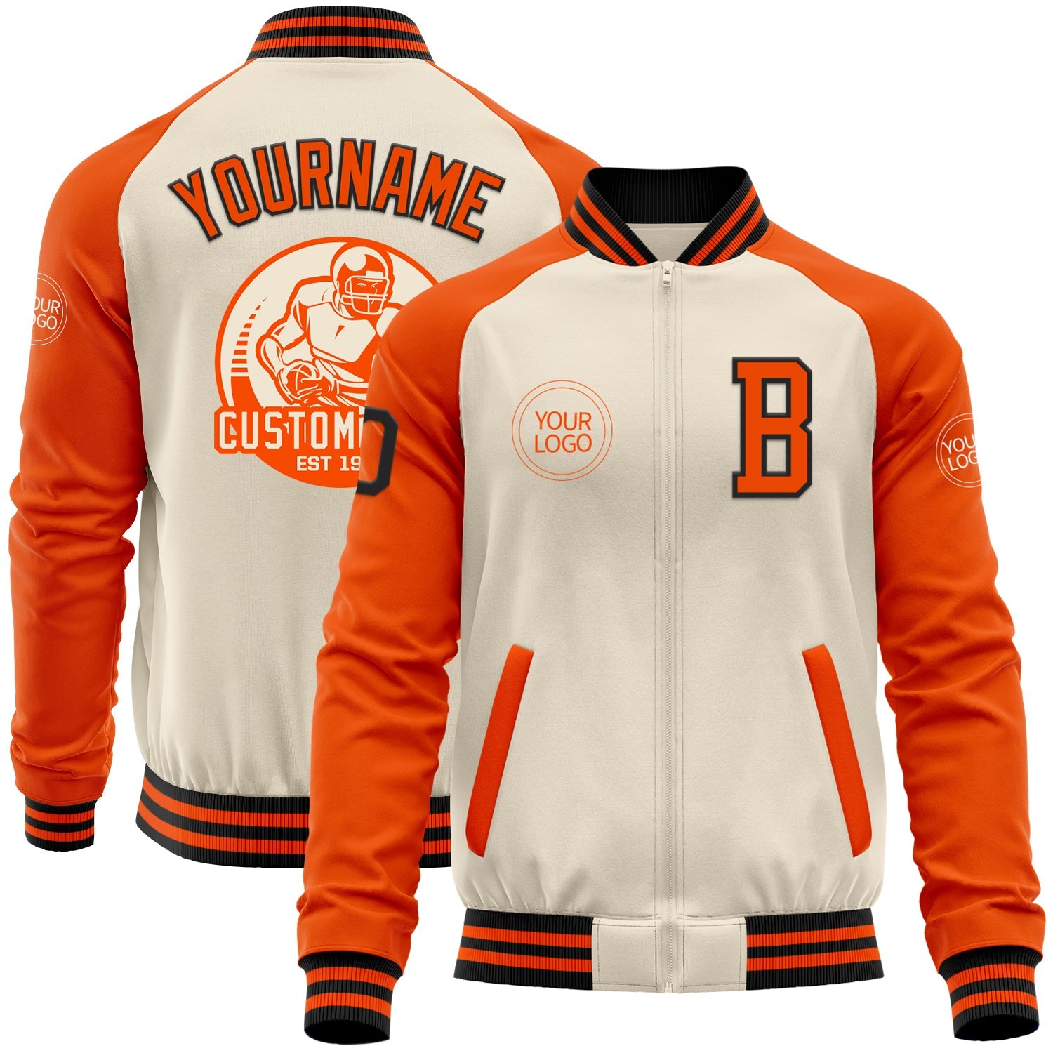 Custom Cream Black-Orange Bomber Varsity Letterman Two Tone Zipper Jacket - Main View