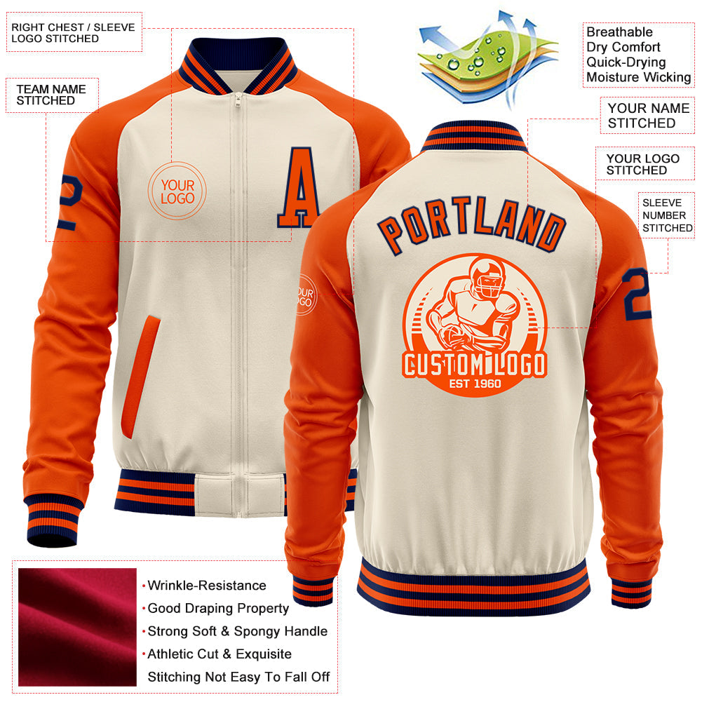 Custom Cream Navy-Orange Bomber Varsity Letterman Two Tone Zipper Jacket view 4