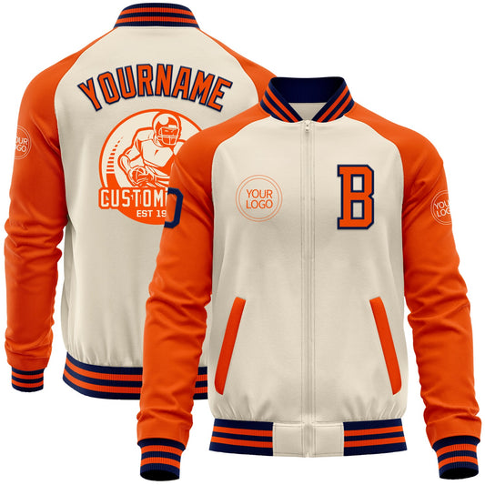 Custom Cream Navy-Orange Bomber Varsity Letterman Two Tone Zipper Jacket - Main View