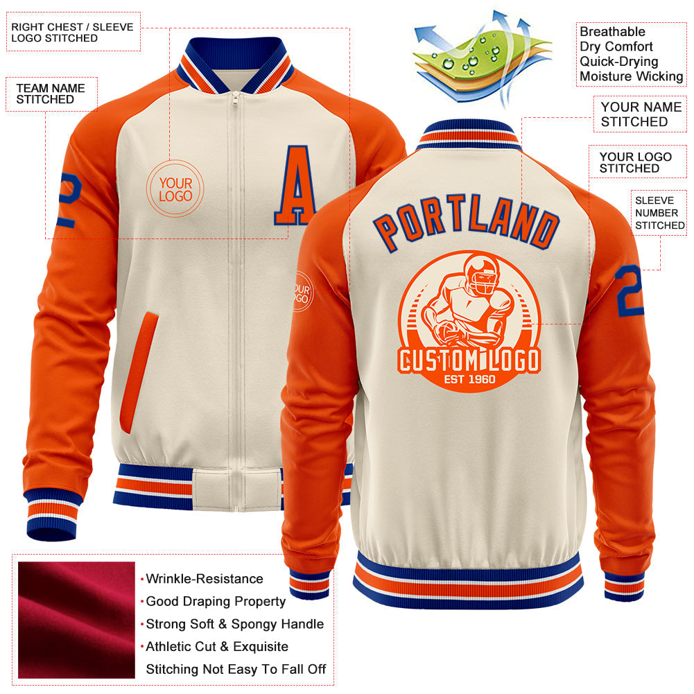 Custom Cream Royal Orange-White Bomber Varsity Letterman Two Tone Zipper Jacket view 4
