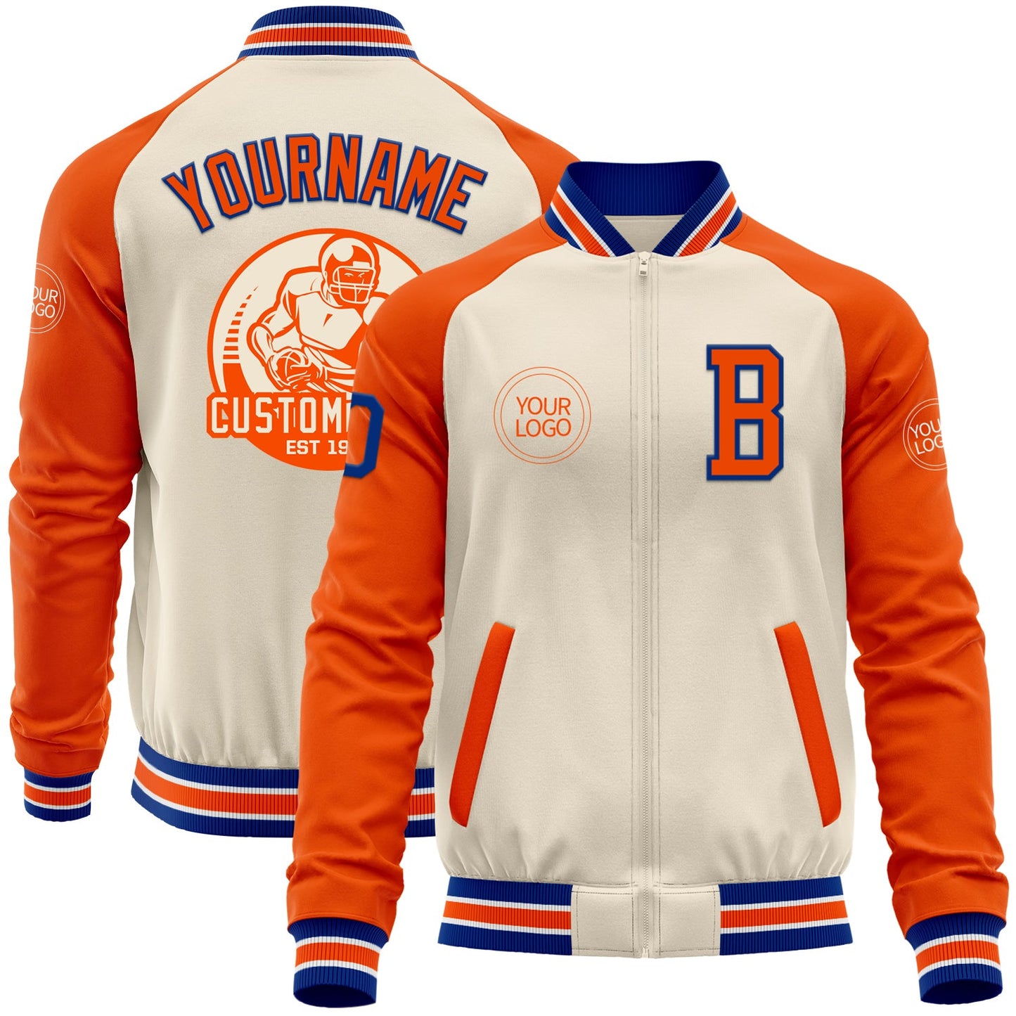 Custom Cream Royal Orange-White Bomber Varsity Letterman Two Tone Zipper Jacket - Main View