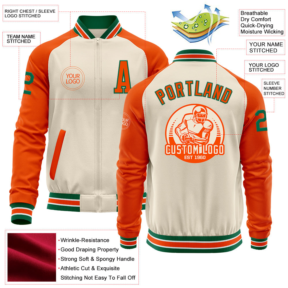 Custom Cream Kelly Green Orange-White Bomber Varsity Letterman Two Tone Zipper Jacket view 4