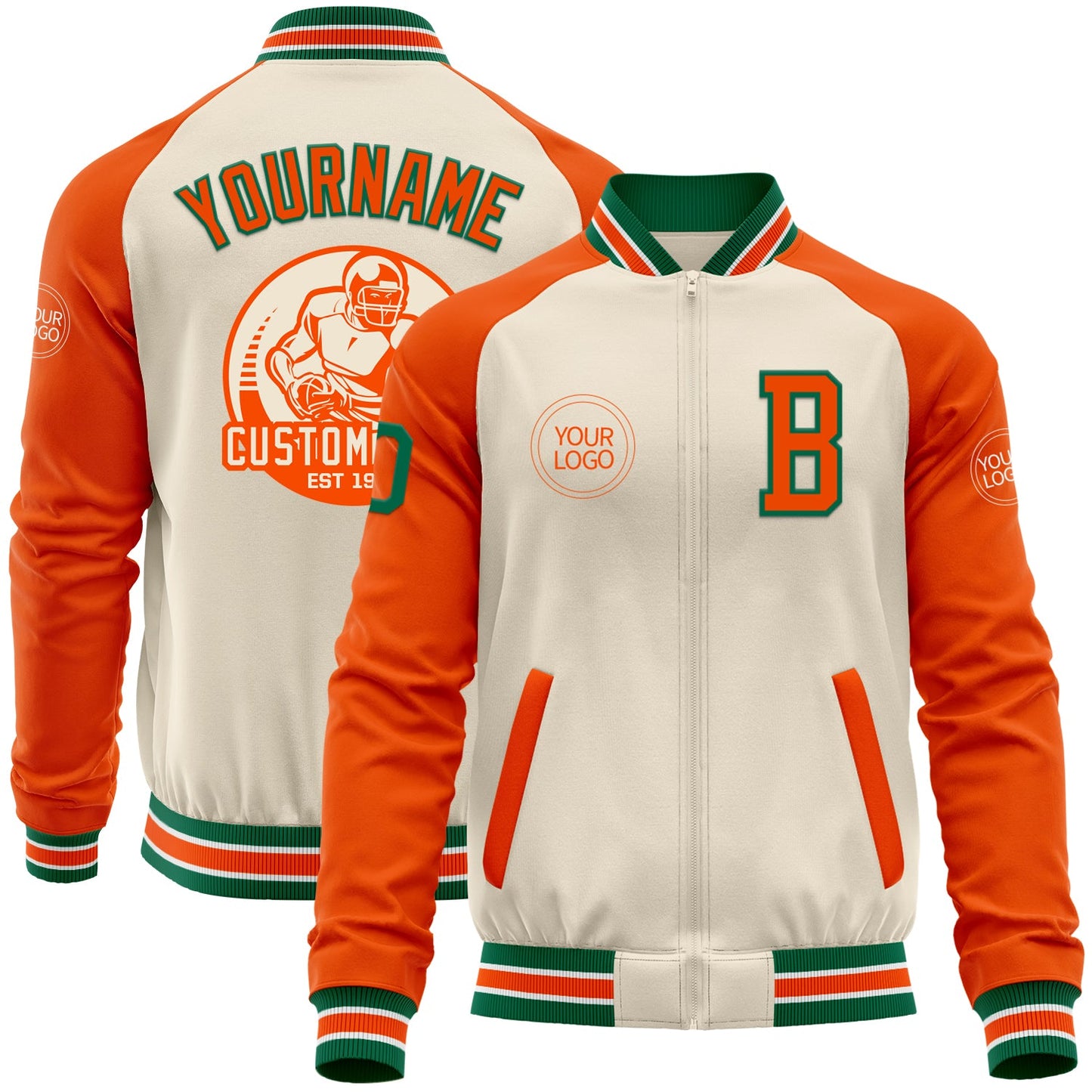 Custom Cream Kelly Green Orange-White Bomber Varsity Letterman Two Tone Zipper Jacket - Main View