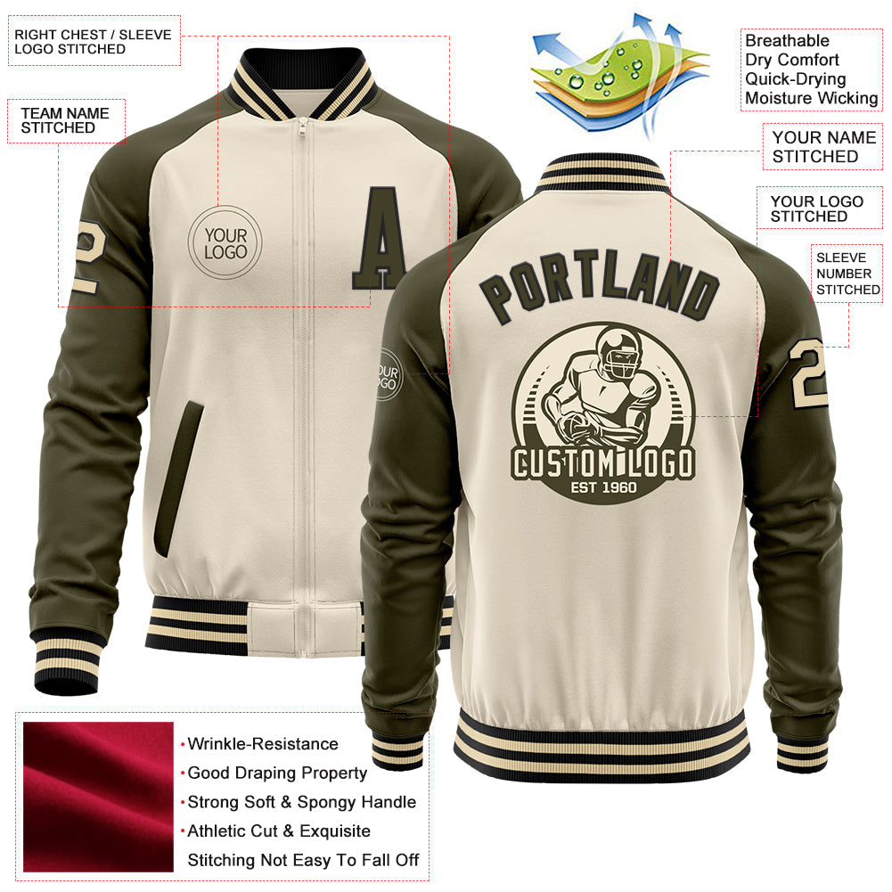 Custom Cream Black-Olive Bomber Varsity Letterman Two Tone Zipper Jacket view 4