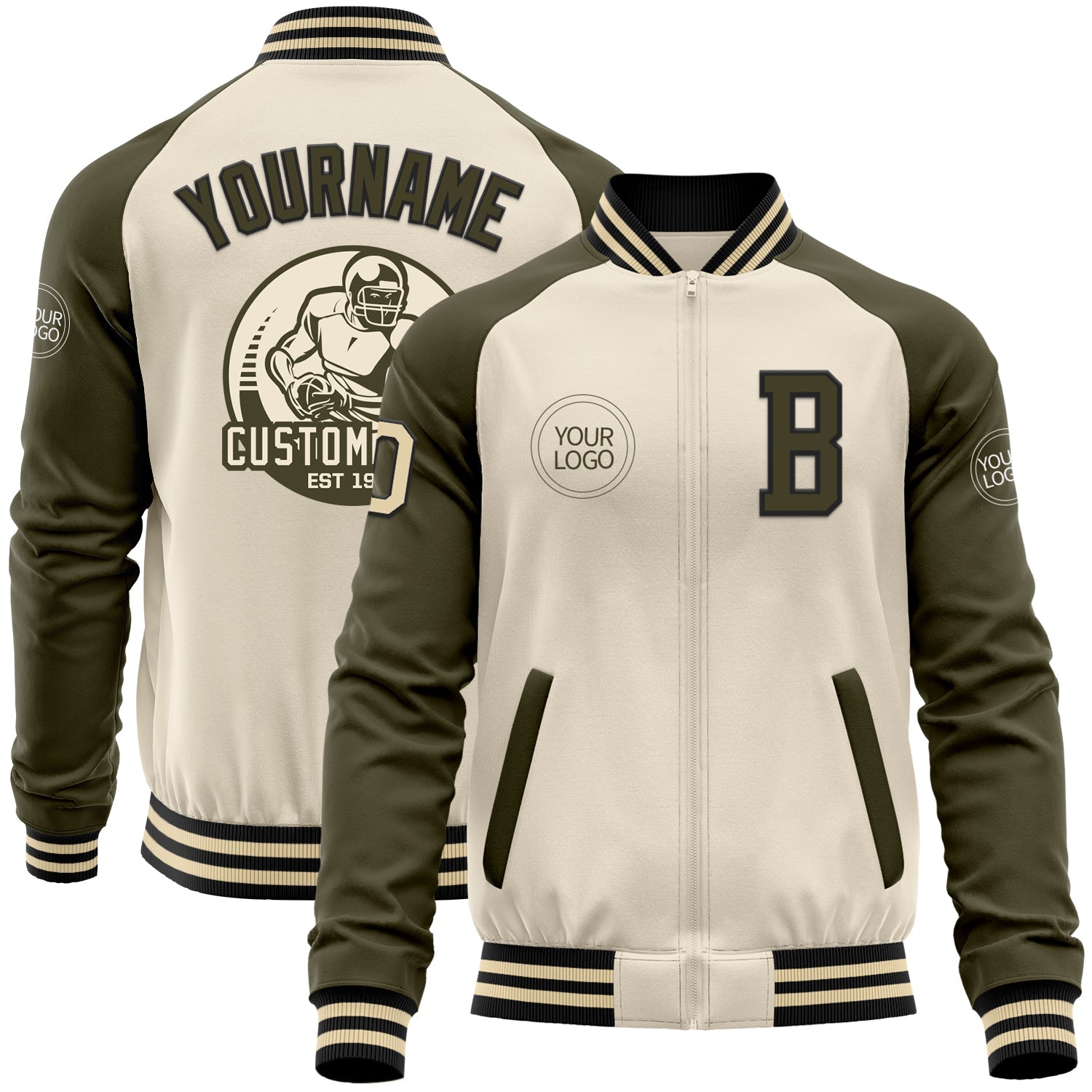 Custom Cream Black-Olive Bomber Varsity Letterman Two Tone Zipper Jacket - Main View