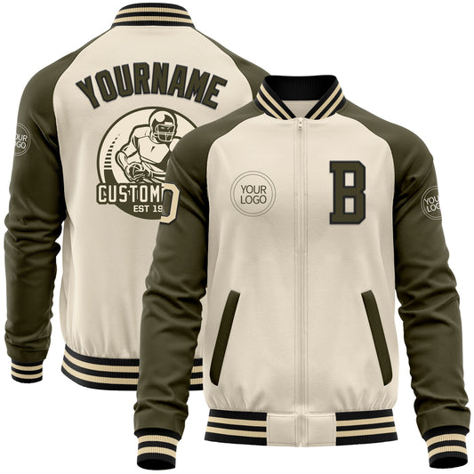 Custom Cream Black-Olive Bomber Varsity Letterman Two Tone Zipper Jacket - Main View