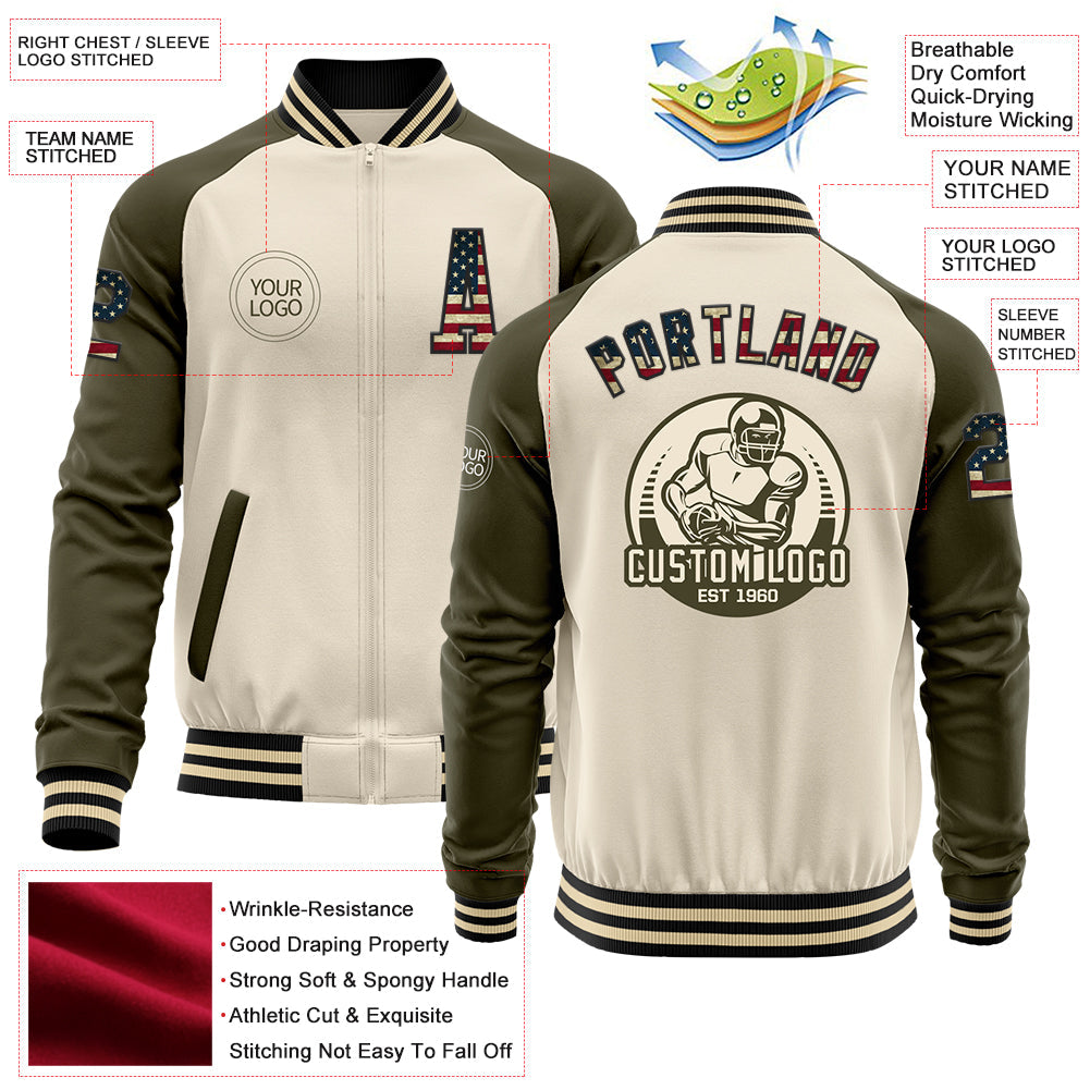 Custom Cream Vintage USA Flag Black-Olive Bomber Varsity Letterman Two Tone Zipper Jacket view 4
