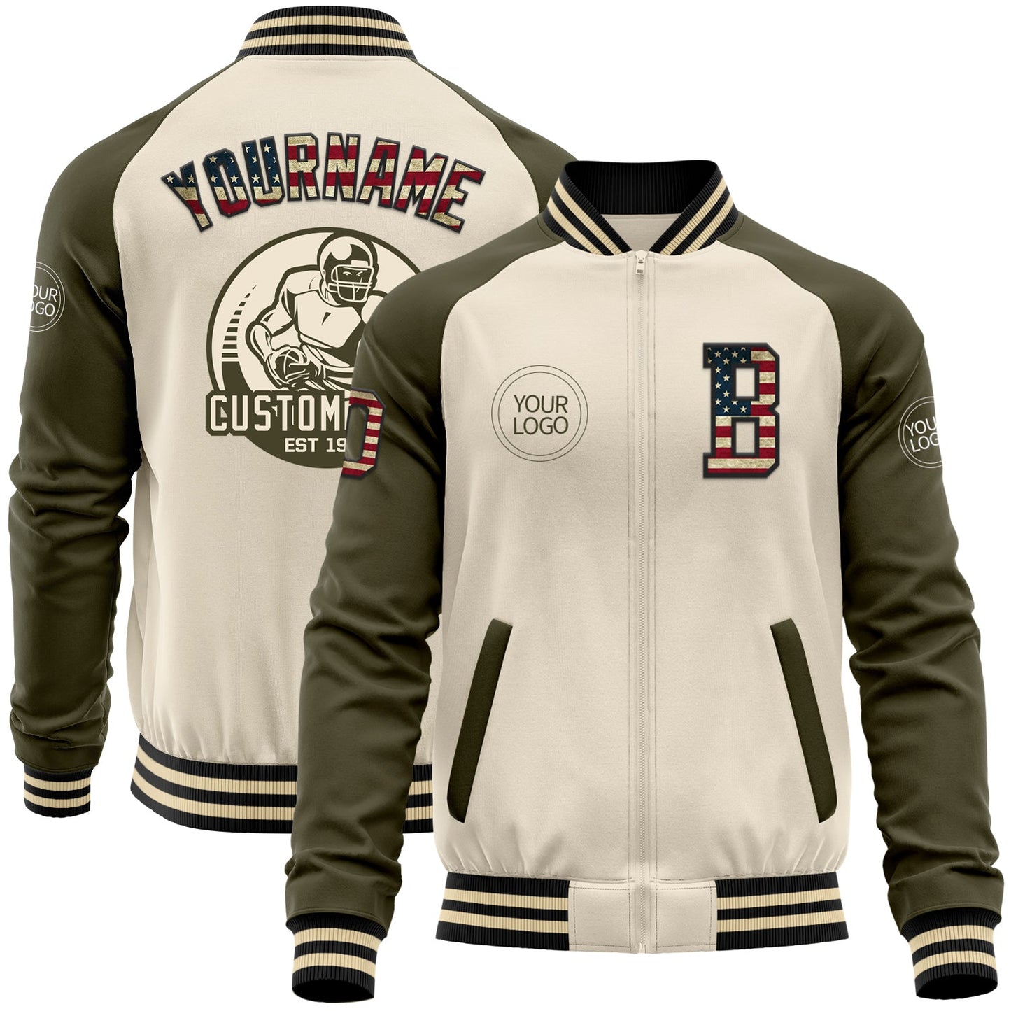 Custom Cream Vintage USA Flag Black-Olive Bomber Varsity Letterman Two Tone Zipper Jacket - Main View