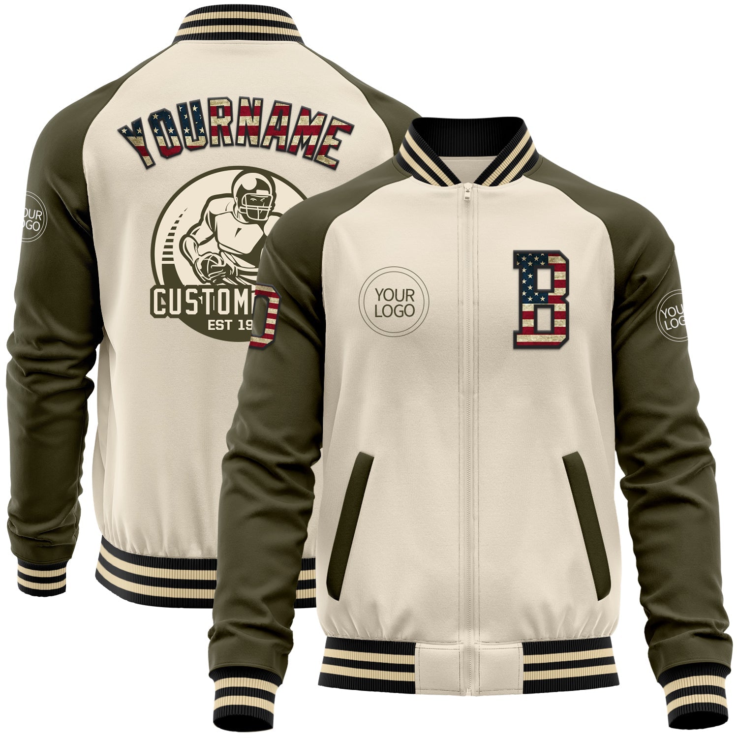 Custom Cream Vintage USA Flag Black-Olive Bomber Varsity Letterman Two Tone Zipper Jacket - Main View