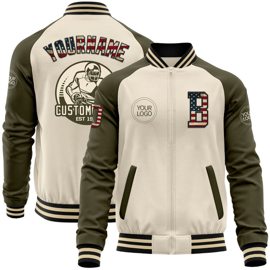Custom Cream Vintage USA Flag Black-Olive Bomber Varsity Letterman Two Tone Zipper Jacket - Main View