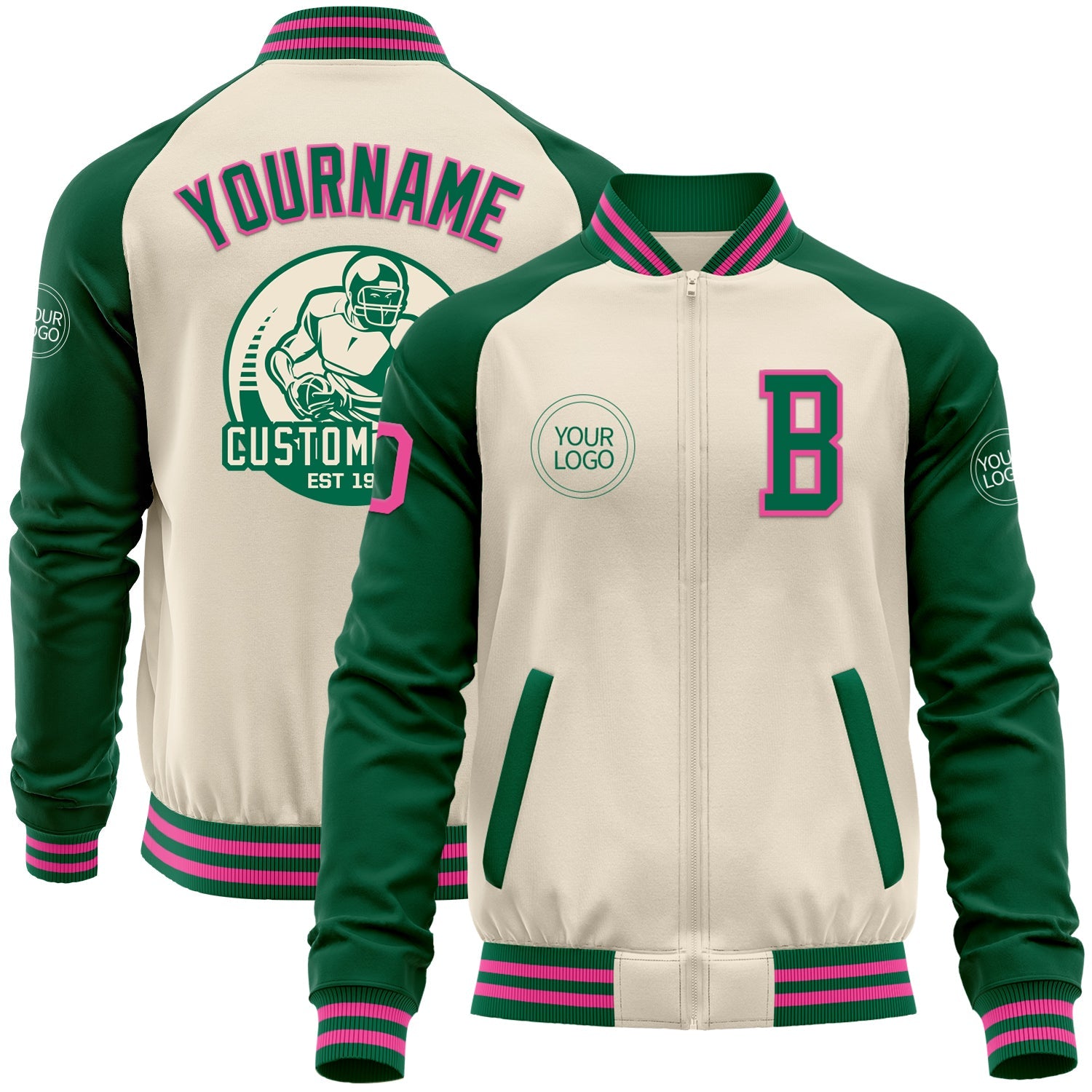 Custom Cream Pink-Kelly Green Bomber Varsity Letterman Two Tone Zipper Jacket - Main View