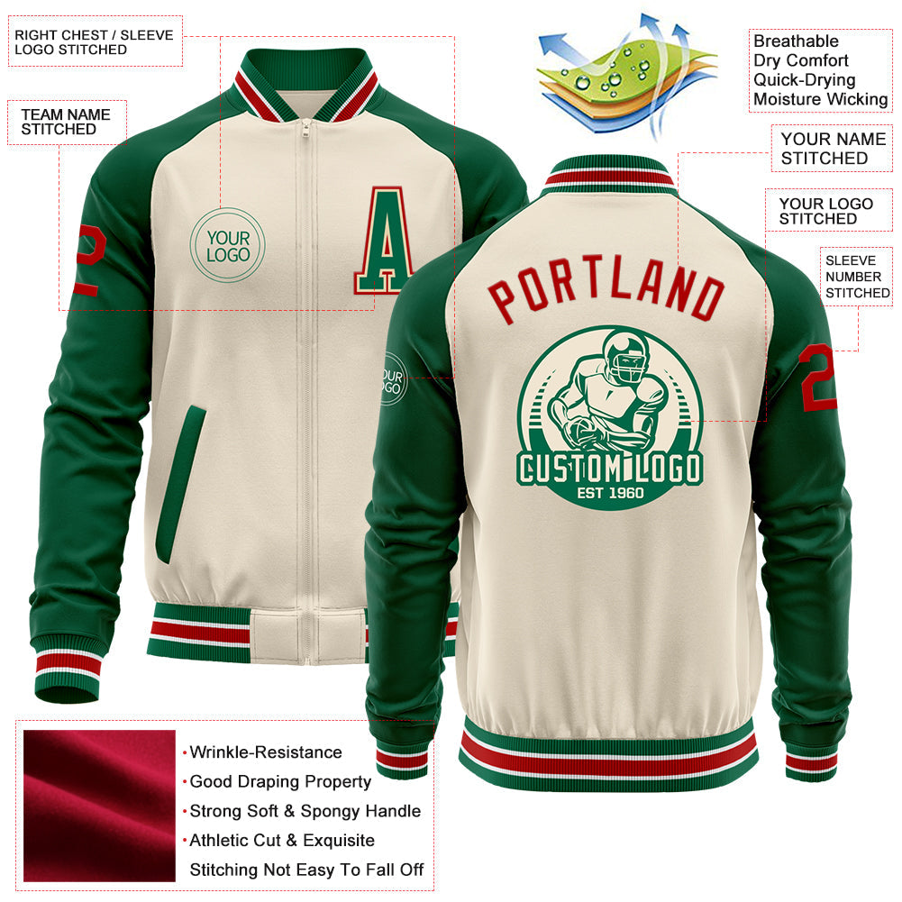 Custom Cream Red Kelly Green-White Bomber Varsity Letterman Two Tone Zipper Jacket view 4