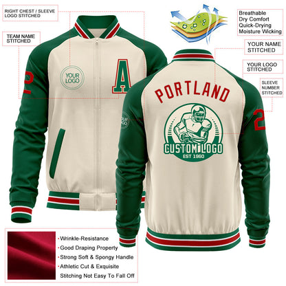 Custom Cream Red Kelly Green-White Bomber Varsity Letterman Two Tone Zipper Jacket view 4