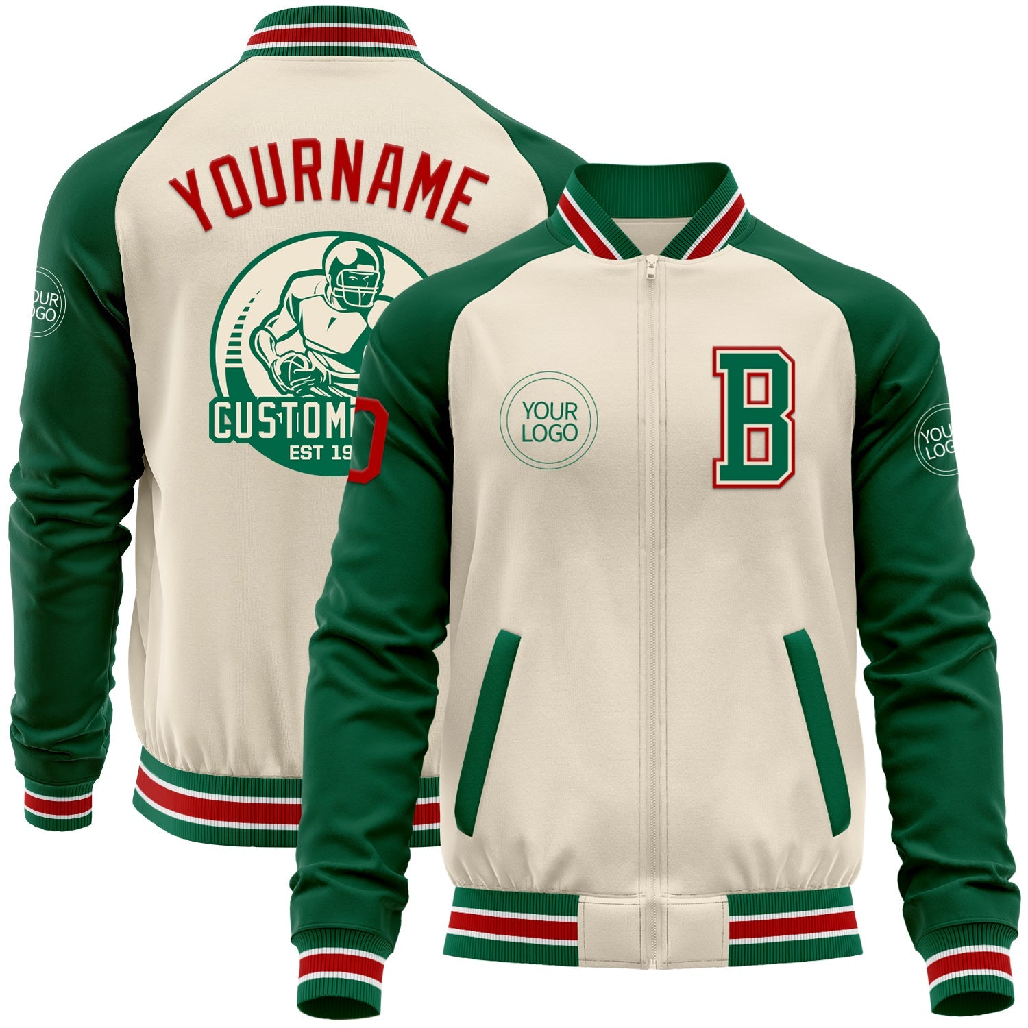 Custom Cream Red Kelly Green-White Bomber Varsity Letterman Two Tone Zipper Jacket - Main View