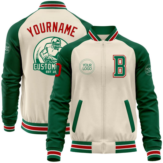 Custom Cream Red Kelly Green-White Bomber Varsity Letterman Two Tone Zipper Jacket - Main View