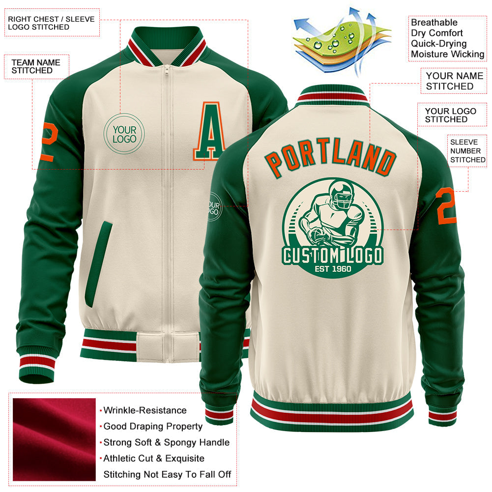 Custom Cream Orange Kelly Green-White Bomber Varsity Letterman Two Tone Zipper Jacket view 4