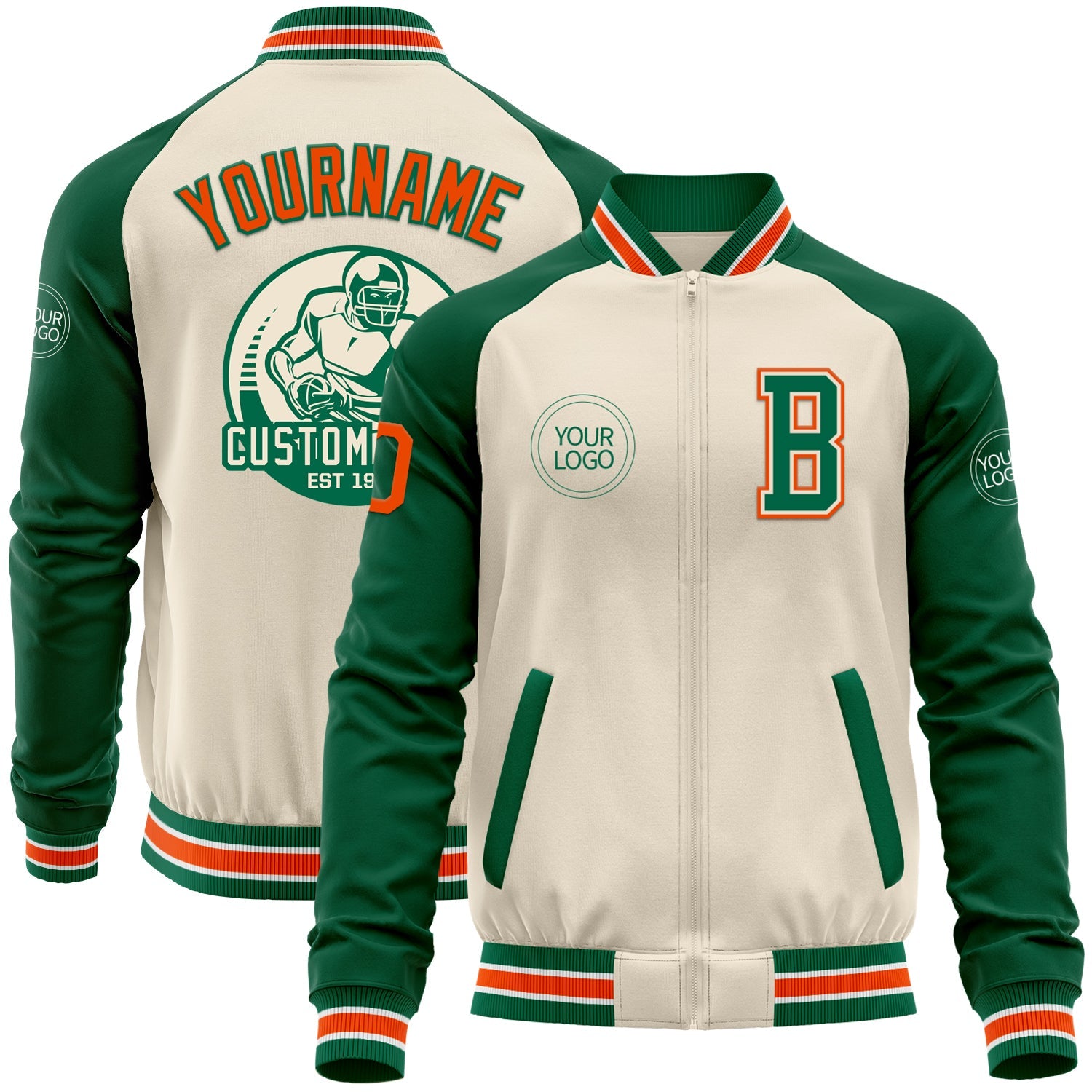 Custom Cream Orange Kelly Green-White Bomber Varsity Letterman Two Tone Zipper Jacket - Main View